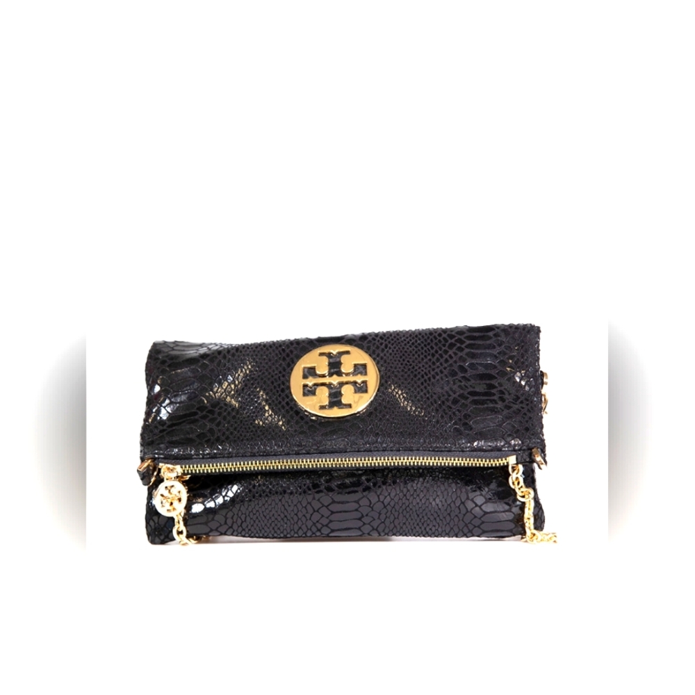 Tory Burch Black Animal Python Chain Fold Crossbo… - image 1